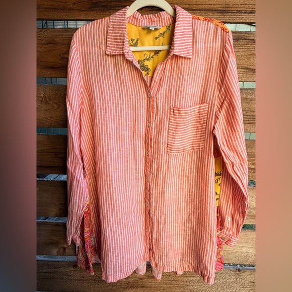 John Mark Tops - John Mark Coral and White Striped Top Boho ,cottagecore, coquette XL
